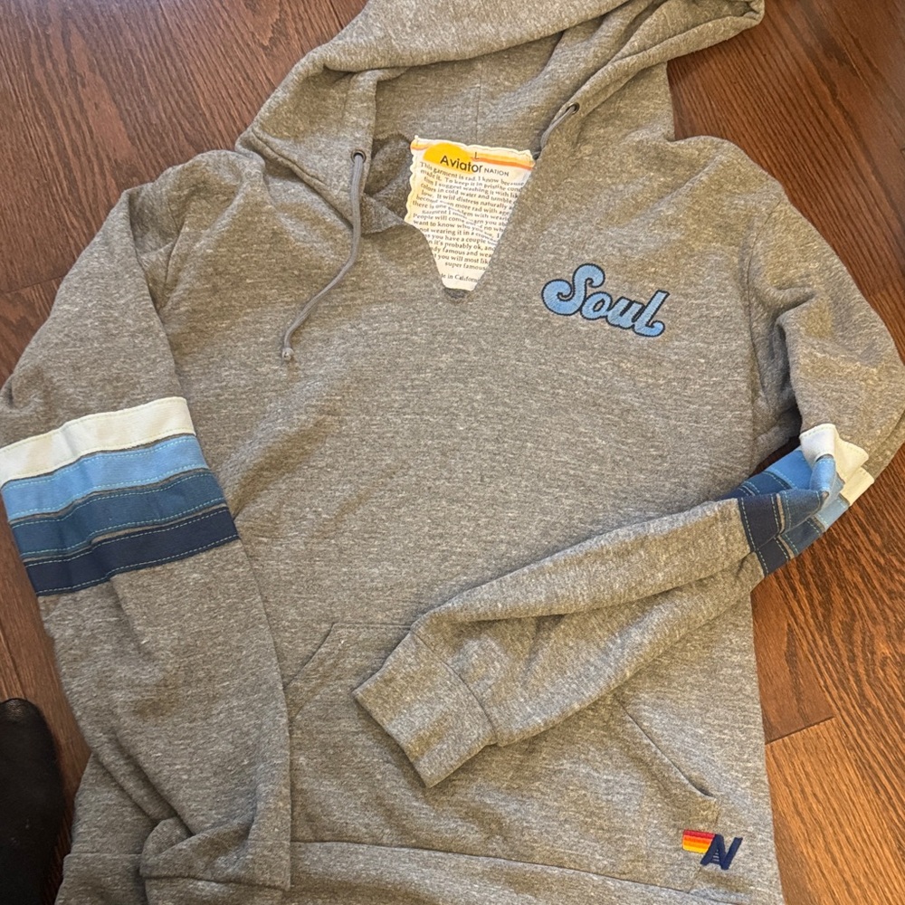 Aviator Nation Gray Hoodie with Blue Stripes- SOULCYCLE collab